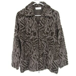 GISPA Zip Up Cardigan Sweater Womens L Brown Merino Wool Abstract Made in Italy